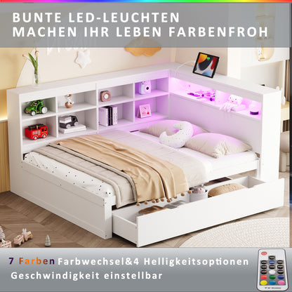Massivholz-Doppelbett 140x200 Weiß mit LED & USB - Multifunktionales Sofa-Bett mit großen Schubladen, Ablagefächern & viel Stauraum, Weiß