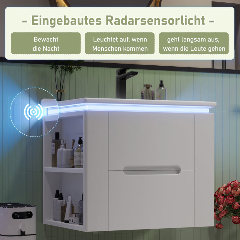 60x46x48.5cm wandhängend Badezimmerschränk, komplett lackiert, LED-Radarsensor-Beleuchtung, zwei Schubladen, leise Gleitschienen, Zwei seitliche Ablagen, Waschtisch, integriertes Waschbecken, weiß