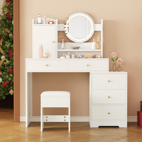 Schminktisch Weiß 90 cm mit LED Spiegel (dimmbar, 3 Farben), Frisiertisch mit 5 Schubladen & Schrank