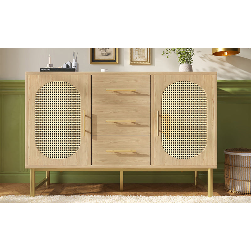 Rattan kommode mit 3-Schubladen und 2-Rattan-Türer,kommode schrank, Schminktisch, für Schlafzimmer und Wohnzimmer, Verstellbare Regale, Kippschutz, 120 x 40 x 74 cm, Sonoma Eiche