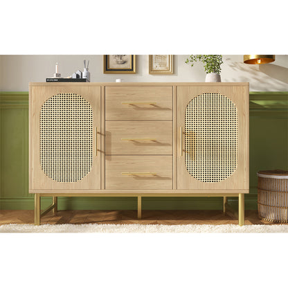 Rattan kommode mit 3-Schubladen und 2-Rattan-Türer,kommode schrank, Schminktisch, für Schlafzimmer und Wohnzimmer, Verstellbare Regale, Kippschutz, 120 x 40 x 74 cm, Sonoma Eiche