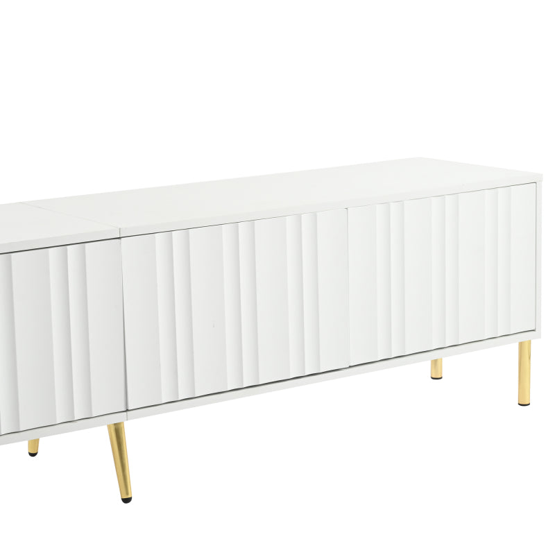 Weißes TV-Schrank, 190 cm lang x 38 cm breit x 48 cm hoch, goldene Tischbeine, gerilltes Türdesign
