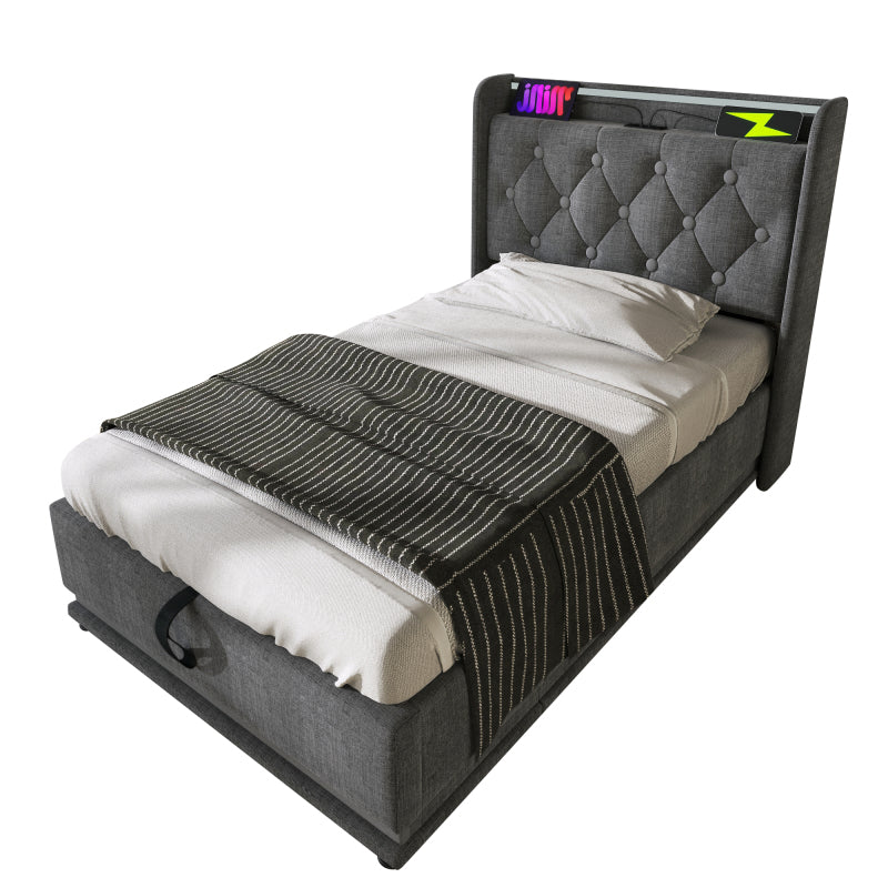 Polsterbett einzelbett,360-Surround-LED-Funktion, Drucktaste/App/Fernbedienung,90*200 cm, Grau Leinen-Material Hydraulisches Lagerbett, gepolstertes Kopfteil mit USB Typ-C Ladefunktion (Ohne Matratze)