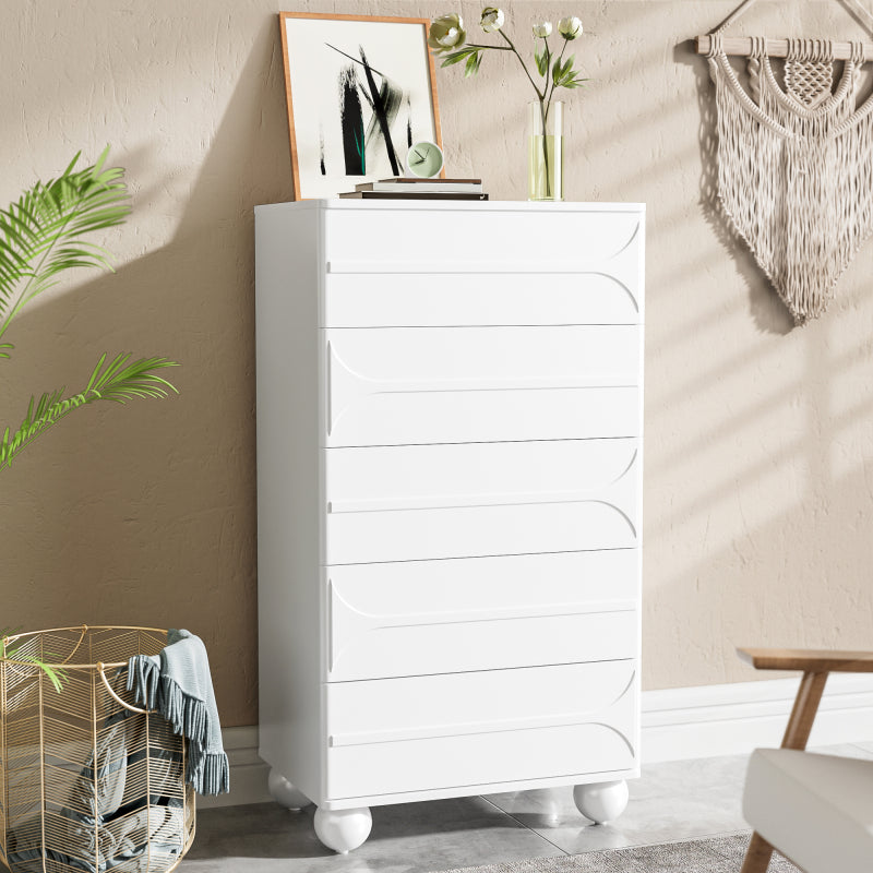Kommode mit 5 Schubladen und elegantem Prägedesign – weiße Metallfüße, großzügiger Stauraum, abgerundete Ecken