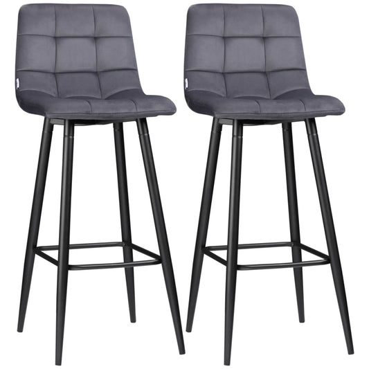 barhocker 2er-Set für Küche, modernes Design mit Samtbezug und Stahlbeinen, rutschfeste Fußkappen, bis 120 kg, Grau