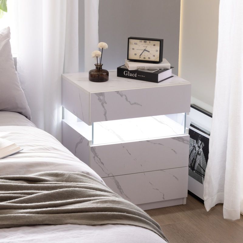 LED Nightstands 3 Drawer Dresser for Bedroom End Table with Acrylic Board LED Bedside Tables for Bedroom Living Room Bedside Furniture (White Stone)