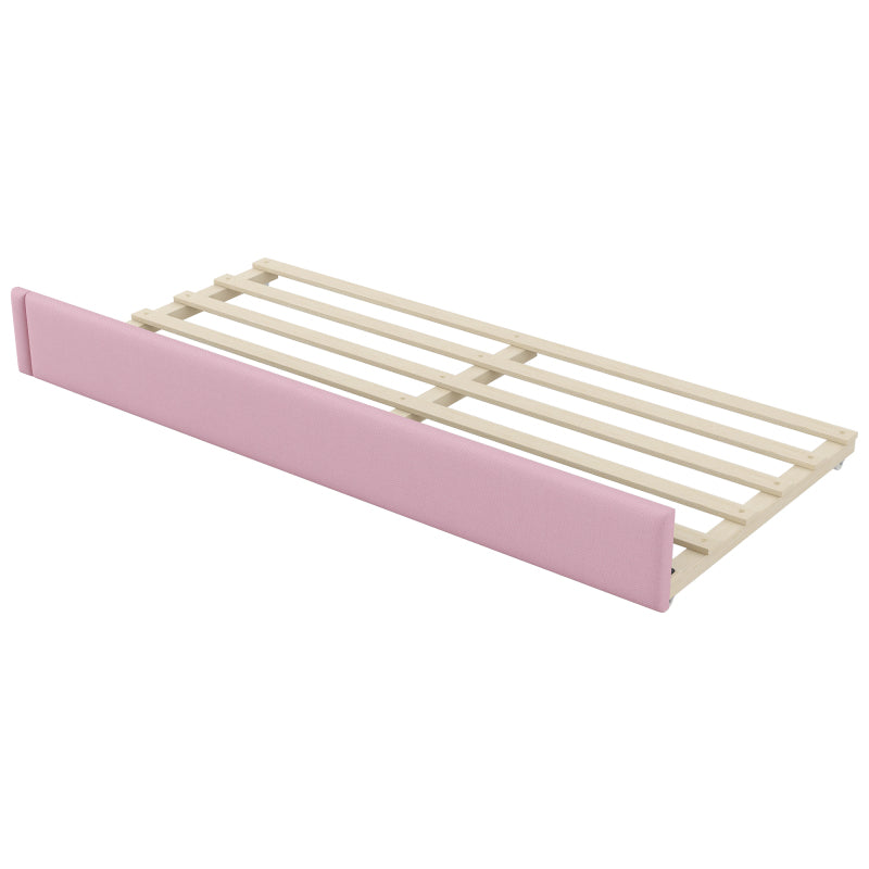 Gepolstertes 90x200 Tagesbett mit USB-Anschlüssen und LED-Gürtel, mit Ausziehbett und Schreibtisch, Rosa