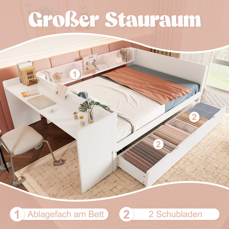 Flachbett, Holzbett, 140x200cm, mit Schreibtisch, ausgestattet mit 2 Schubladen, Doppelbett(Ohne Matratze), mit Regalen, Kiefer + Spanplatte, weiß
