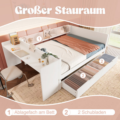 Flachbett, Holzbett, 140x200cm, mit Schreibtisch, ausgestattet mit 2 Schubladen, Doppelbett(Ohne Matratze), mit Regalen, Kiefer + Spanplatte, weiß