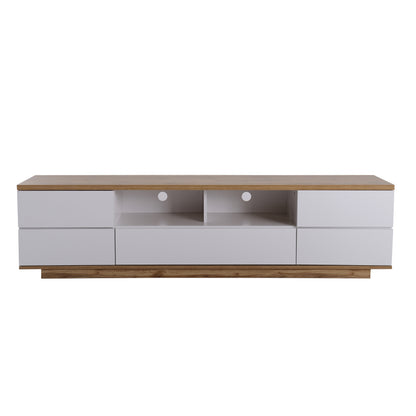 Moderner Farbblock-TV-Schrank in weißer Ausführung, TV-Schrank mit Holzmaserung, 180 cm