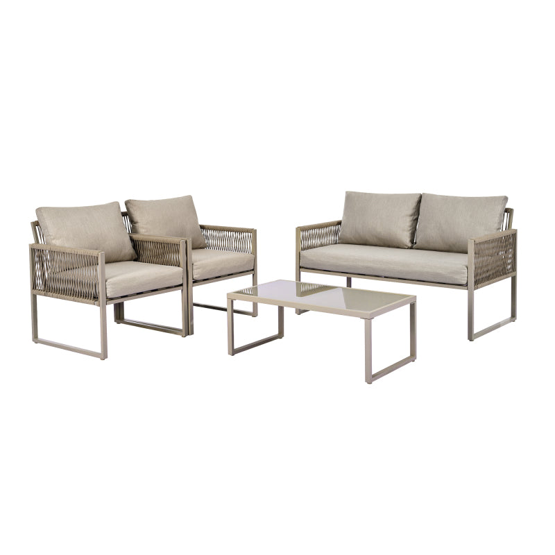 Garten-Lounge-Set mit verzinktem Eisenrahmen, Gartenmöbel-Set aus Seil, Lounge-Set aus khakifarbenem Seil mit Sitzkissen, verstellbaren Füßen, glatter Glasplatte, 4er-Set, inklusive aller Kissen