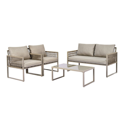Garten-Lounge-Set mit verzinktem Eisenrahmen, Gartenmöbel-Set aus Seil, Lounge-Set aus khakifarbenem Seil mit Sitzkissen, verstellbaren Füßen, glatter Glasplatte, 4er-Set, inklusive aller Kissen