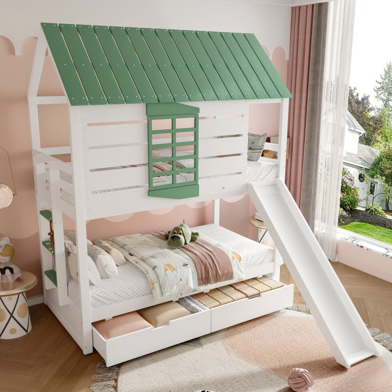 90X200 Haus-Etagenbett mit Rutsche und 2 Schubladen, Weiß+Grün