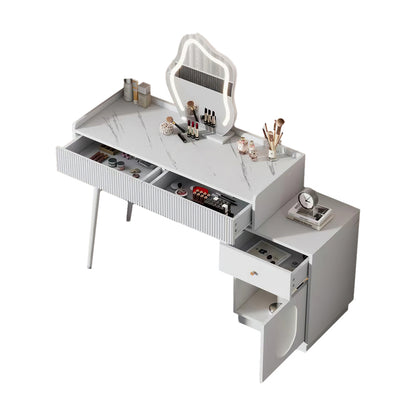 Schminktisch mit LED-Spiegel und Beleuchtung - Weißes Schminktisch-Set für Schlafzimmer mit drei geräumigen Schubladen und einer Tür (ohne Hocker)