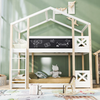 Kinderbett Baumhaus mit Rutsche & Leiter 90 x 200 cm, Hochbett für Kinder– 2x Lattenrost- Natur & Weiß