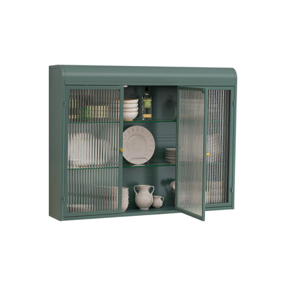 3 Door Arched Wall Mounted Glass Cabinets for Kitchen, Living Room and Bathroom(Dark green)