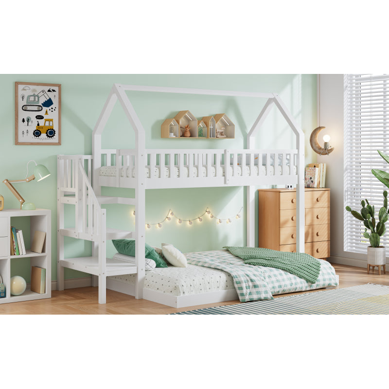 [29994142WAA]Etagenbett, Hausbett mit Treppe, Kinderbett mit Fallschutz und Gitter, Rahmen aus Kiefer, weiß (90x200&140*190cm)