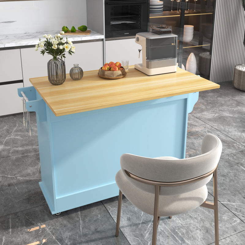 Esswagen/Anrichte, 112x40(70)x94 cm, Blau, Klappbare Massivholzoptik-Arbeitsplatte, mit Ablagetür, Rollen & Auswechselbaren Massivholzfüßen, für Küche & Esszimmer