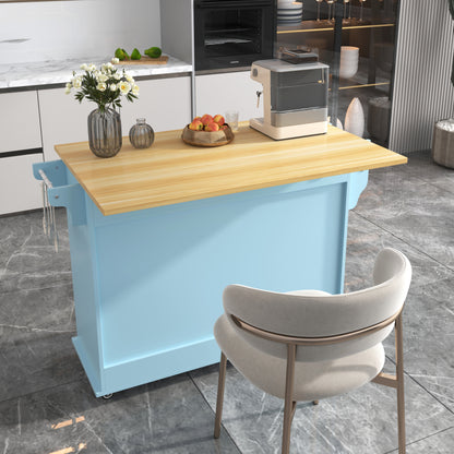 Esswagen/Anrichte, 112x40(70)x94 cm, Blau, Klappbare Massivholzoptik-Arbeitsplatte, mit Ablagetür, Rollen & Auswechselbaren Massivholzfüßen, für Küche & Esszimmer
