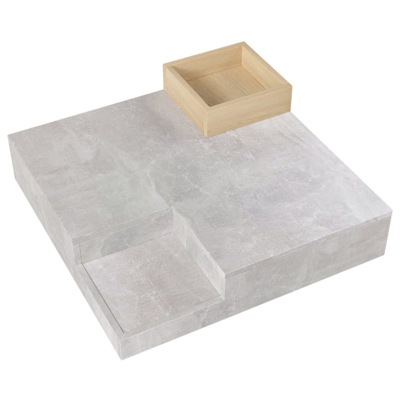 Couchtisch Wohnzimmertisch Beistelltisch mit herausnehmbarer Aufbewahrungsbox, Betongrau und Holzfarbe, 72*72*30 cm.