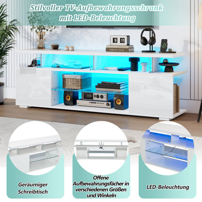 Moderner Low-Panel-Hochglanz-TV-Ständer mit LED-Beleuchtung, TV-Panel, TV-Glasschrank für 60-Zoll-Fernseher, Tische, universelle Gaming-Medienständer, Stauschränke und große Stauräume, Reinweiß