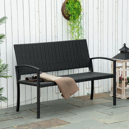Polyrattan Gartenbank 2-Sitzer Parkbank mit Stahlgestell und Geflecht Schwarz B122 x T60 x H87cm für Garten & Terrasse