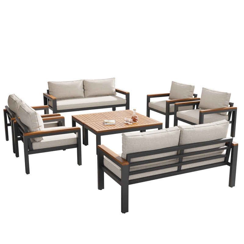 Loungeset, Gartenmöbel-Set mit Rahmen aus verzinktem Stahl, (breites Set, 8-teiliges Esstisch-Set, 2x 2-Sitzer-Sofa, 4x Einzelstühle, 2x Tisch), Akazienholz Tischplatte und Armlehnen,Beige