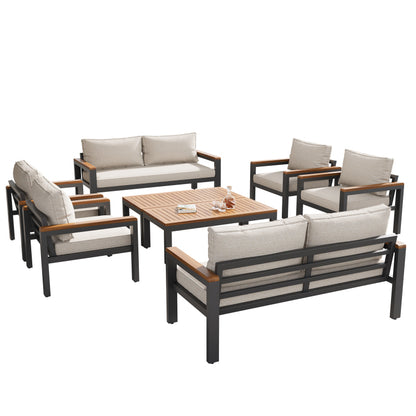 Loungeset, Gartenmöbel-Set mit Rahmen aus verzinktem Stahl, (breites Set, 8-teiliges Esstisch-Set, 2x 2-Sitzer-Sofa, 4x Einzelstühle, 2x Tisch), Akazienholz Tischplatte und Armlehnen,Beige