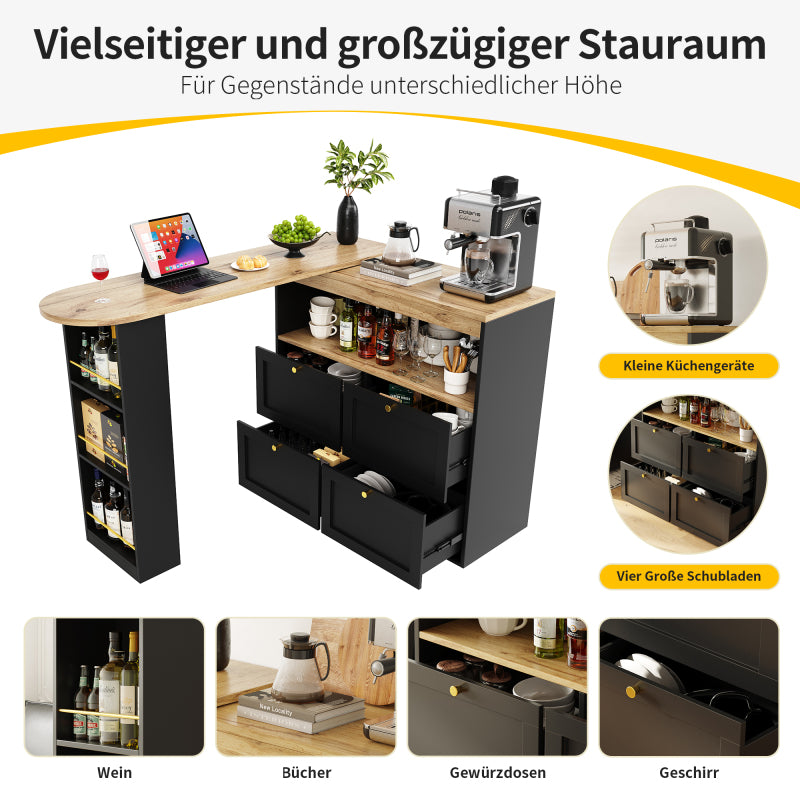 Um 360° drehbarer Bartisch (Hauptkörper 105 x 39 x 102 cm), mit 4 Schubladen und offenen Ablagen, geeignet für Esszimmer/Arbeitszimmer/Wohnzimmer usw