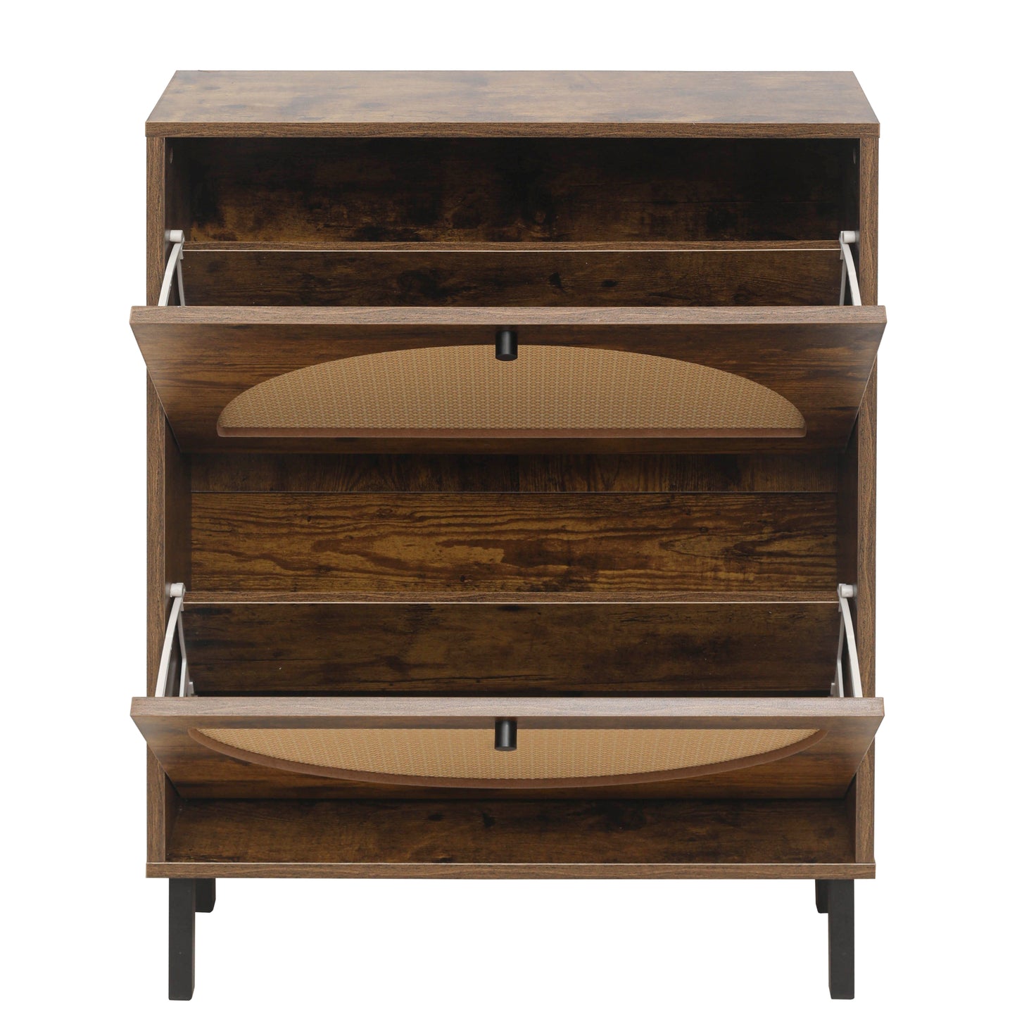 Schuhschrank mit zwei Türen, austauschbaren halbrunden Türfronten und Rattan-Oberfläche, geeignet für den Eingangsbereich und andere Szenen, Vintage-Braun