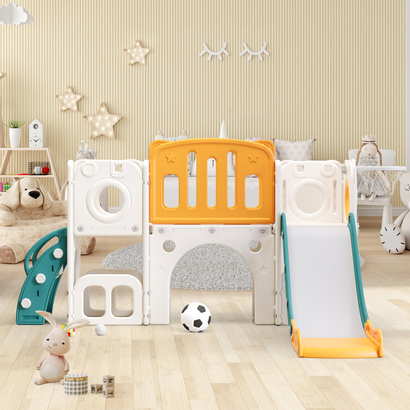 Bären Kinder 6-in-1 Rutsche mit einer Rutsche, zwei Plattformen, zwei Bodenschrankfächern, Basketballkorb und Treppe - Hochdichtes Polyethylen (Ozeanbälle nicht enthalten
