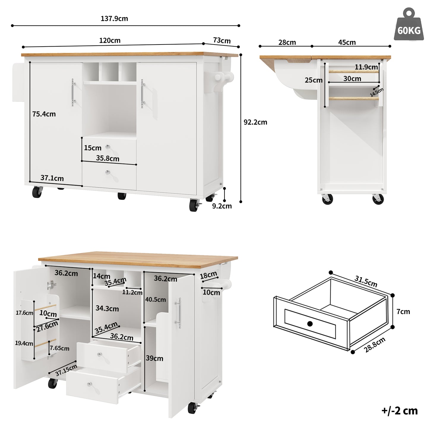 Kücheninsel Buffetschrank 120x73x92cm Küchenwagen mit klappbarer Arbeitsplatte Gewürzregal Weinregal und verstellbaren Ablagen Weiß