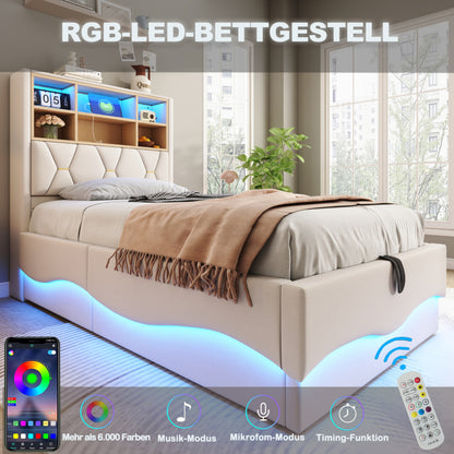 Kinderbett  90×200 cm mit hydraulischem Stauraum APP-gesteuertes LED-Lichtband USB-Ladeanschluss Metall-Lattenrost Leinenpolsterung Beige