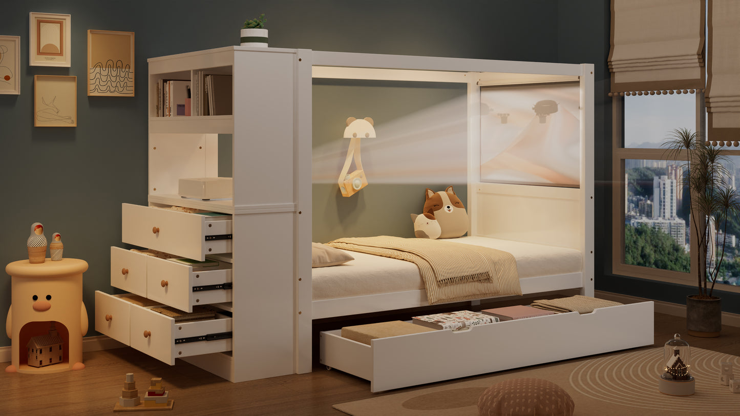 Einzelbett, Kinderbett mit Fallschutz und Gitter,  Holzbett mit Stauraum, Weiß+Natur,  90x200cm