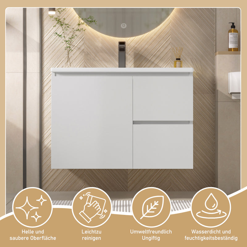 76x46x50cm wandhängend Badezimmerschränk, komplett lackiert, LED-Radarsensor-Beleuchtung, Waschtisch, zwei Schubladen, leise Gleitschienen, linke und rechte Ablage, integriertes Waschbecken, weiß