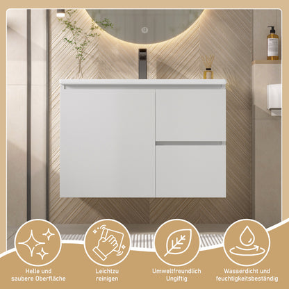 76x46x50cm wandhängend Badezimmerschränk, komplett lackiert, LED-Radarsensor-Beleuchtung, Waschtisch, zwei Schubladen, leise Gleitschienen, linke und rechte Ablage, integriertes Waschbecken, weiß