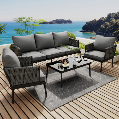 Garten Loungesessel Set, Gartenmöbel Set mit bequemen Kissen, 3er Sofa, 2 Sessel und Couchtisch, Outdoor, Glastischplatte, geflochtene Seilarmlehnen, verzinkter Stahl, grau