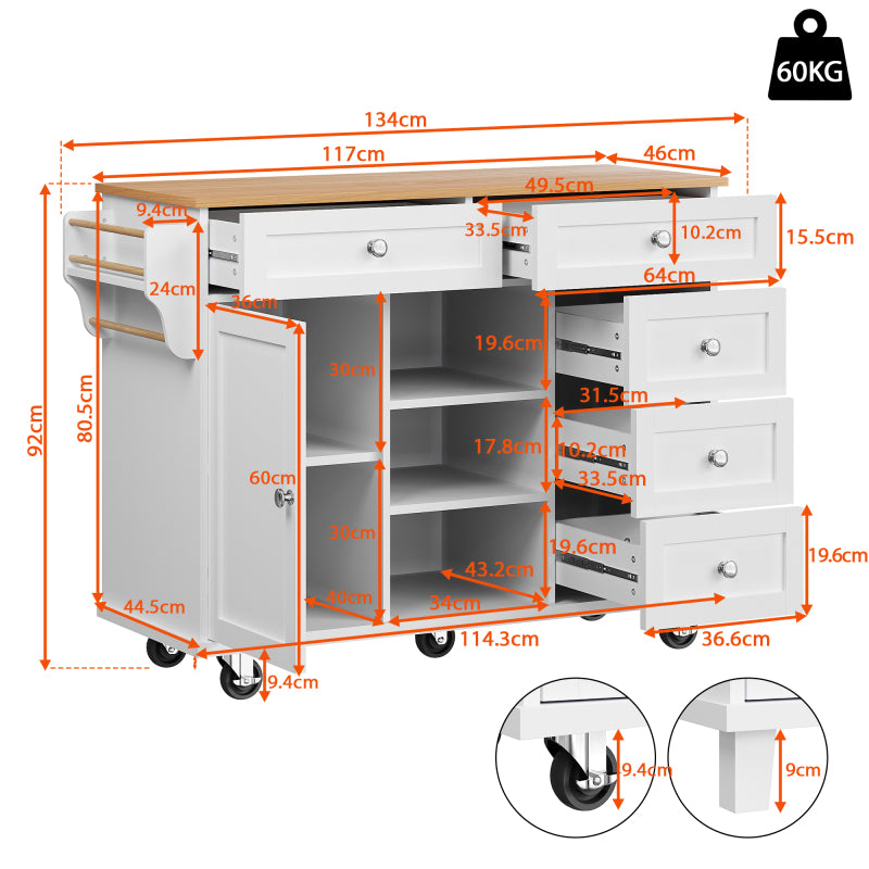 Speisewagen (134 x 46 x 92 cm), moderner und einfacher weißer Speisewagen, kombiniertes Schubladen-Aufbewahrungsschrank-Design, mobiles und festes Dual-Use-Design, geeignet für Privat- und Gewerbeküch