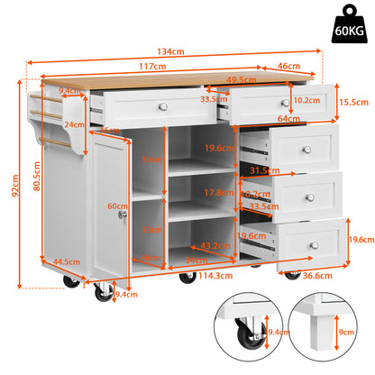 Speisewagen (134 x 46 x 92 cm), moderner und einfacher weißer Speisewagen, kombiniertes Schubladen-Aufbewahrungsschrank-Design, mobiles und festes Dual-Use-Design, geeignet für Privat- und Gewerbeküch
