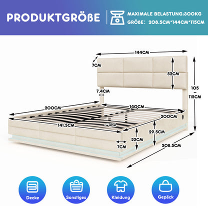 140 x 200cm Bettgestell aus weichem Samt mit USB Type C Ladefunktion und LED Beleuchtung, Hydrauliksystem Stauraum Bettgestell aus Samtmaterial Jugendbett mit Lattenrost, Beige