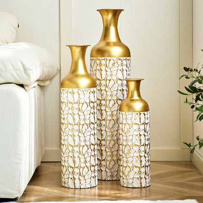 3er Set Bodenvase Metall, Weiß-Gold, Retro Stil, 83/65/50 cm hoch