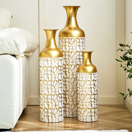 3er Set Bodenvase Metall, Weiß-Gold, Retro Stil, 83/65/50 cm hoch