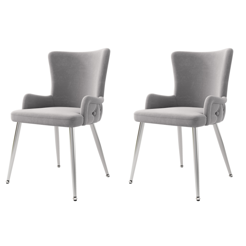 Samt-Esszimmerstuhl, 2er-Set, luxuriöser Wohnzimmer-Schlafzimmer-Loungesessel mit vier silberfarbenen Metallstützbeinen, Grau[OLD SKU:N634P184684G]