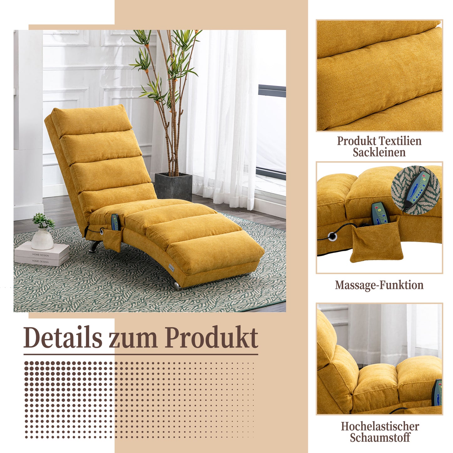 Entspannungsliege Polstersessel Liegesofa mit Vibrationsfunktion Ganzkörper Unterstützung Seitentaschen modernes Design Wohnzimmer Senfgelb