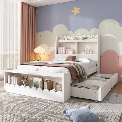 Kinderbett Einzelbett Stauraumbett mit Schubladen, Regal und Sitzbank mit Stauraum, Holzbett 90x190 cm, Weiß mit Eichefarben (Ohne Matratze)