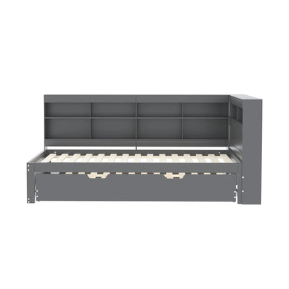 Multifunktions-Schlafsofa 90x200 & 90x190 Ausziehbar - Massivholz Grau mit USB-Anschluss, Stauraum & Ablagefächern - Praktisches Einzelbett, Grau