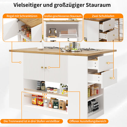 Moderne Kücheninsel Weiß, Küchenschrank mit klappbarer Arbeitsplatte, Sideboard mit Schubladen & Regalen, Esstisch & Servierwagen, 140x70cm