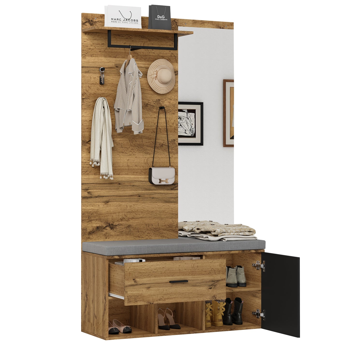 Garderoben Set in Holzoptik mit Spiegel, Schuhbank (104 x 39 cm) mit Polster, Schuhschrank, Schublade, Regal, Kleiderhaken – Praktisches Design für den Eingangsbereich