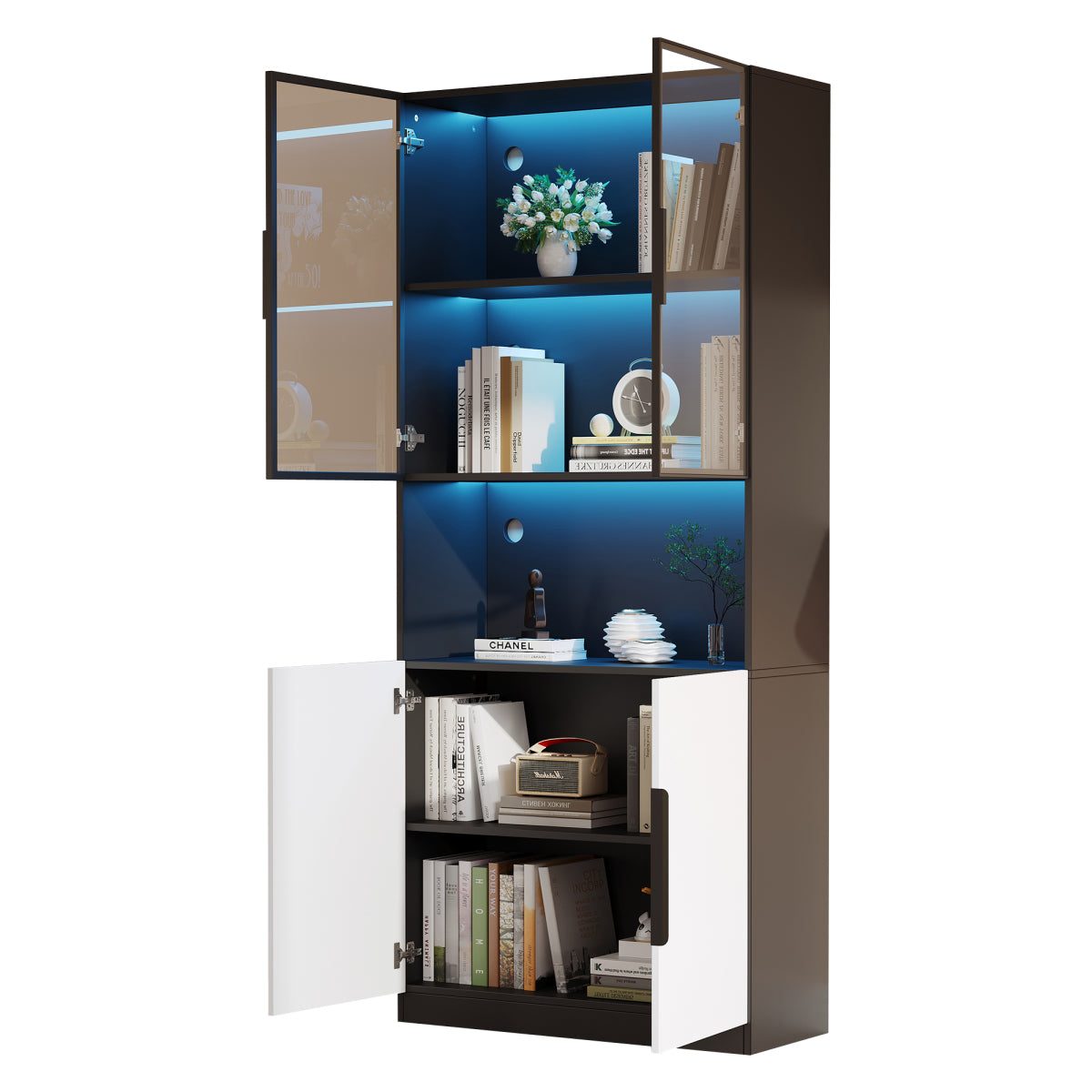 Moderne Vitrine 80x30x200cm Weiß/Schwarz - Glasschrank mit LED, Einstellbare Helligkeit & Farbtemperatur, Sammler-Bücherregal mit Glastüren