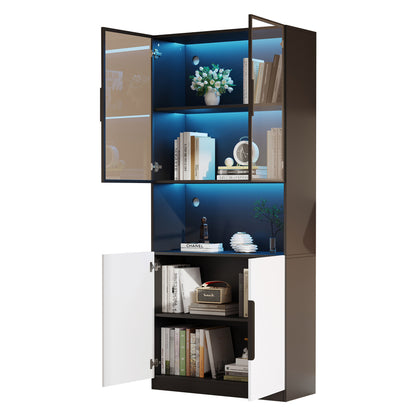 Moderne Vitrine 80x30x200cm Weiß/Schwarz - Glasschrank mit LED, Einstellbare Helligkeit & Farbtemperatur, Sammler-Bücherregal mit Glastüren
